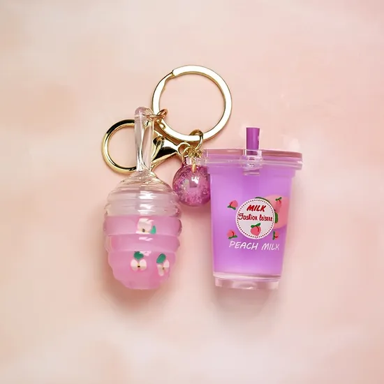 Makeup Lip Glaze Peach Floating Milk Tea Cup Lip Oil Pendant Key Chain Honey Lip Gloss 